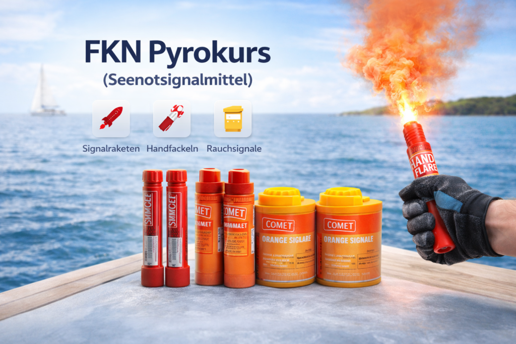 Seenotsignalmittel im FKN Pyrokurs mit Handfackel, Signalraketen und Rauchsignalen zur Vorbereitung auf den Fachkundenachweis