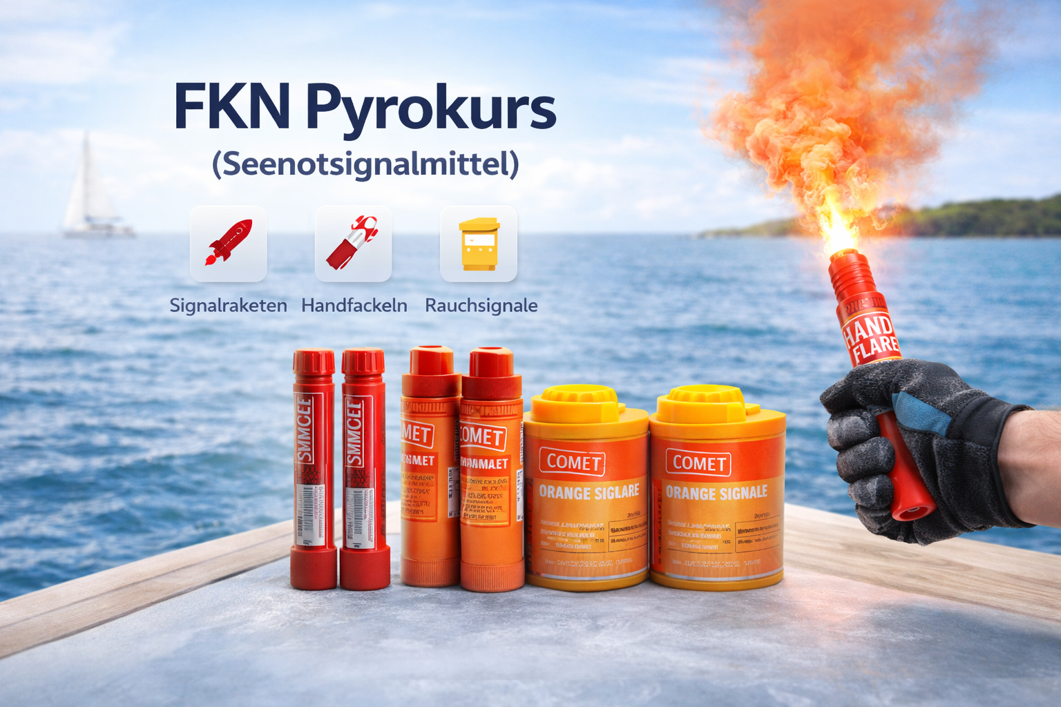 Seenotsignalmittel im FKN Pyrokurs mit Handfackel, Signalraketen und Rauchsignalen zur Vorbereitung auf den Fachkundenachweis