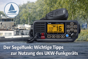 UKW-Funkgerät an Bord eines Bootes vor Schleuse mit VHF-Kanal-22-Hinweis