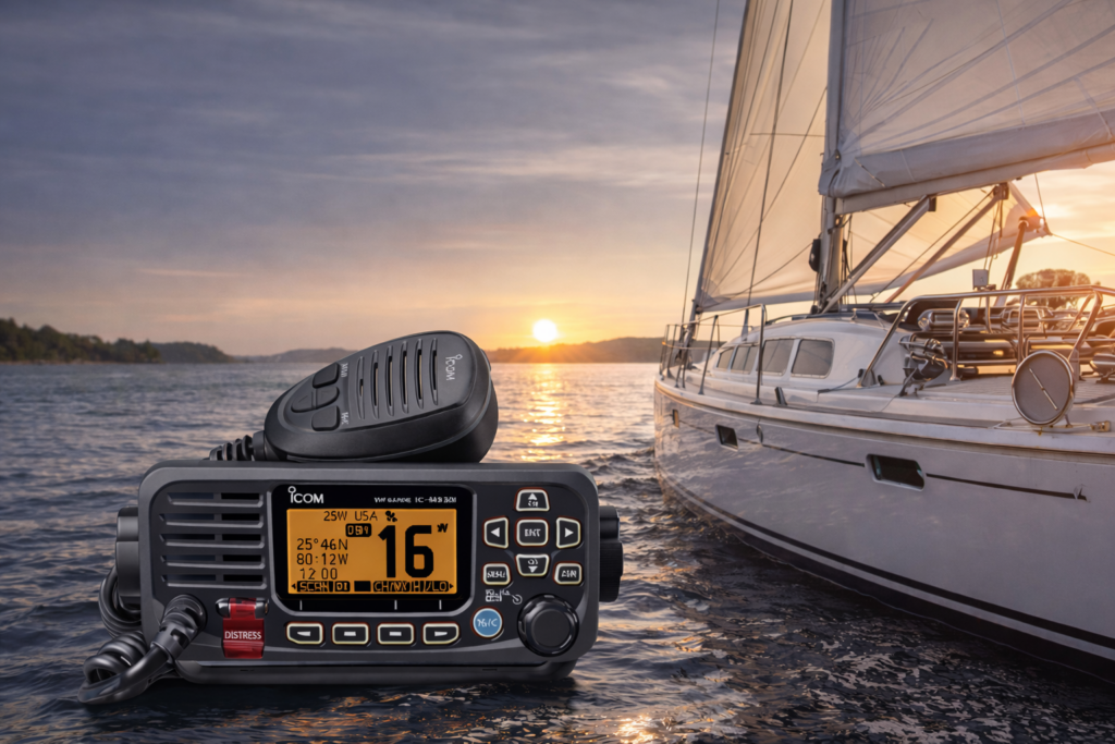 UKW-Seefunkgerät auf Segelyacht bei Sonnenuntergang – SRC & UBI Funkkurs in Ludwigshafen am Rhein, praxisnahes Funktraining