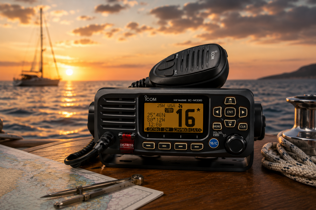 SRC Seefunk Simulator mit UKW-Seefunkgerät auf Kanal 16 vor Segelyacht auf See