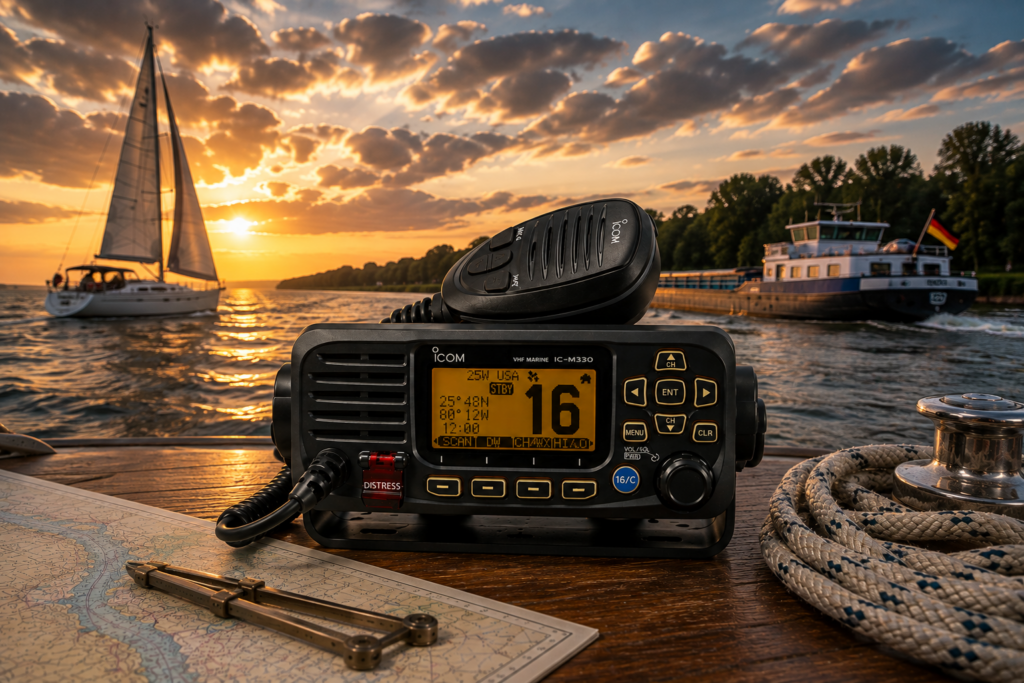 SRC UBI Kombi Simulator mit Funkgerät auf Kanal 16, Segelyacht und Binnenschiff im Hintergrund