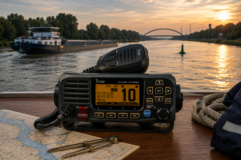 UBI Binnenfunk Simulator mit Funkgerät auf Kanal 10 und Binnenschiff auf einem Fluss