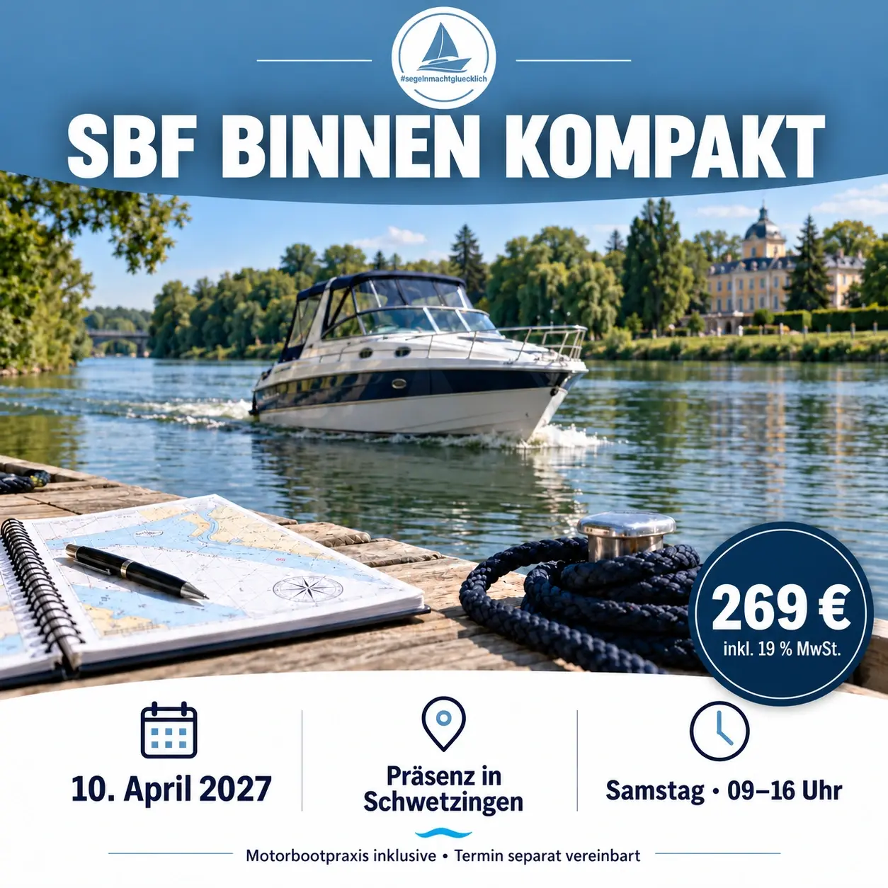 Blau-weiße Kursgrafik · SBF Binnen Intensivkurs Schwetzingen – 10.04.2027