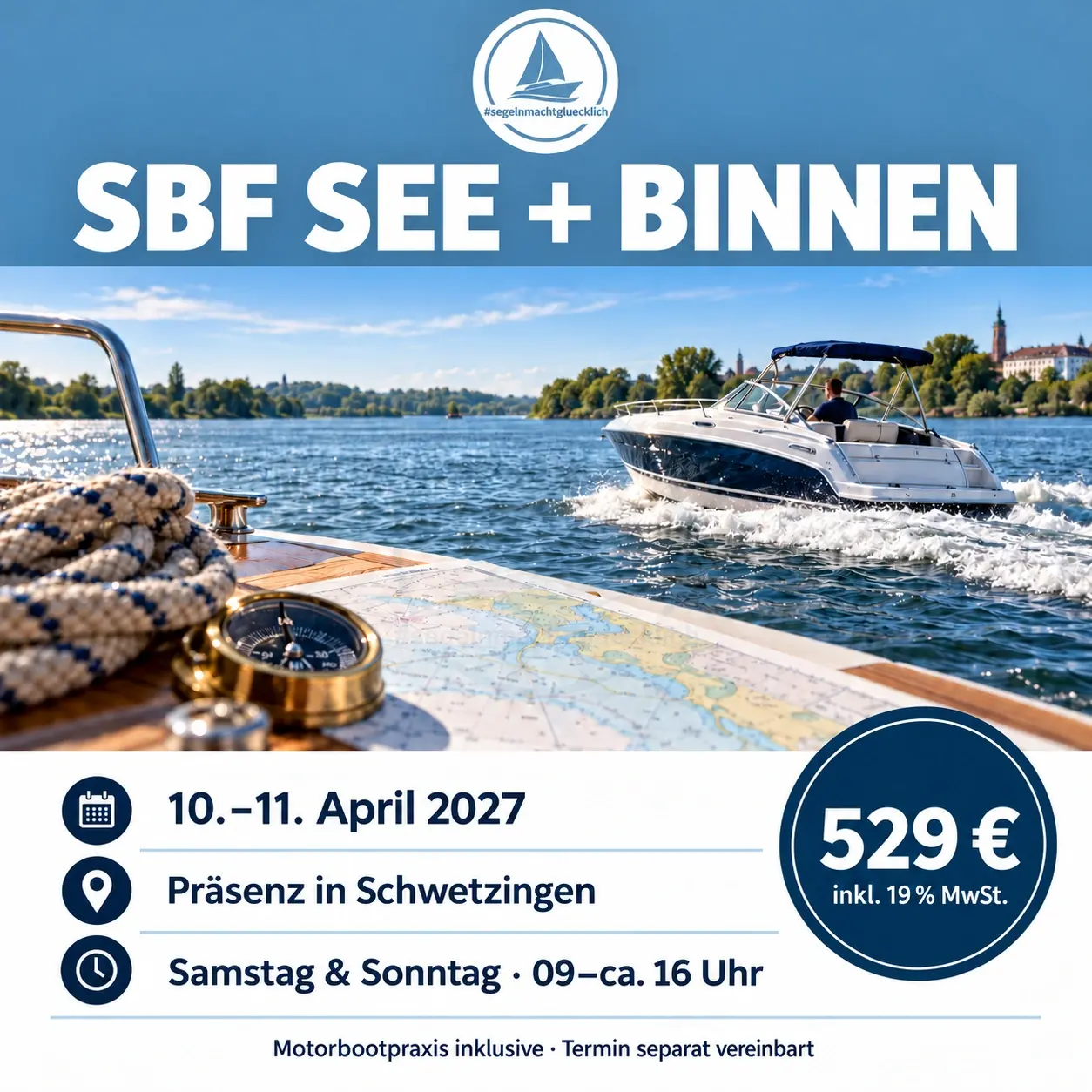 Blau-weiße Kursgrafik · SBF See + Binnen Intensivkurs Schwetzingen – 10.–11.04.2027