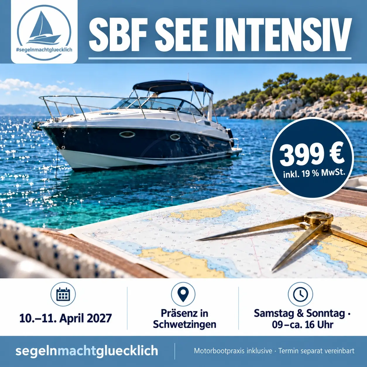 Blau-weiße Kursgrafik · SBF See Intensivkurs Schwetzingen – 10.–11.04.2027