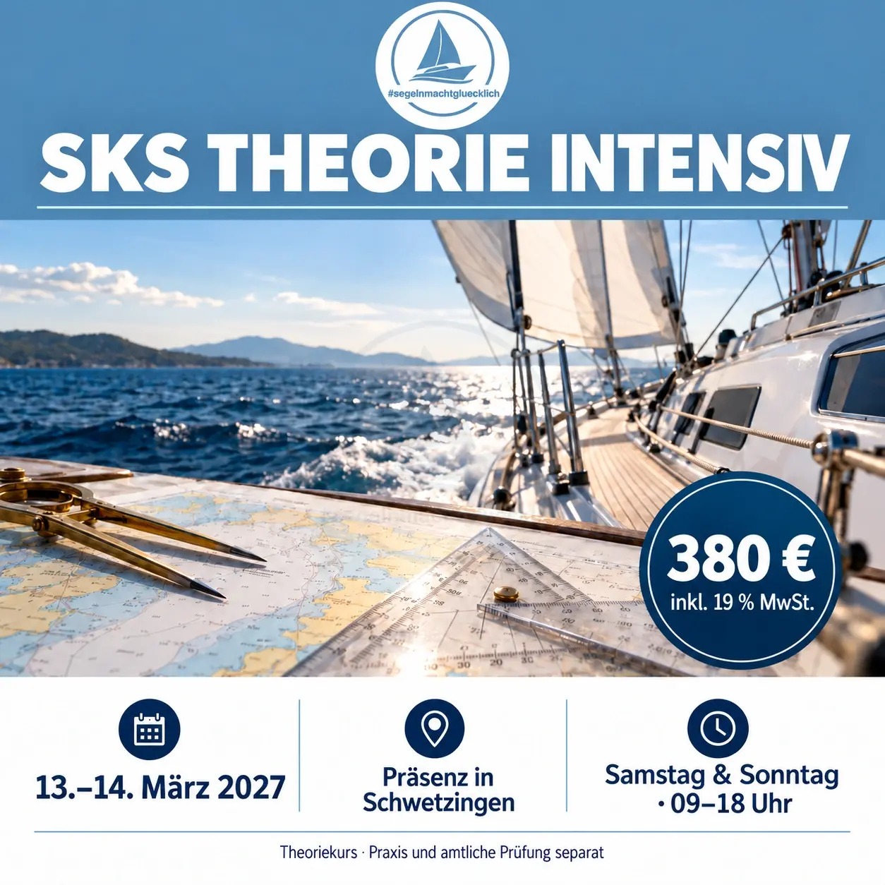 Blau-weiße Kursgrafik · SKS Theorie Intensivkurs Schwetzingen – 13.–14.03.2027