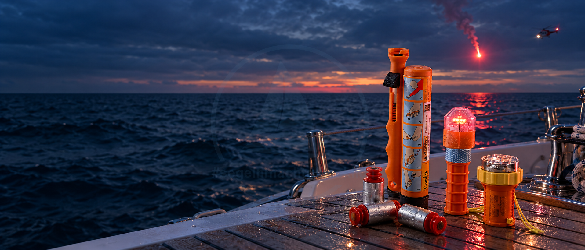 Seenotsignalmittel auf einem Bootsdeck vor dunklem Abendmeer