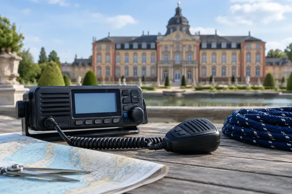 KI-generiertes Fotomotiv: Schloss Bruchsal und ein UKW-Funkgerät als Motiv für maritime Ausbildung