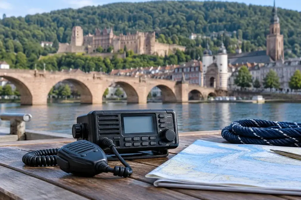 KI-generiertes Fotomotiv: Alte Brücke, Heidelberger Schloss und ein maritimes UKW-Funkgerät