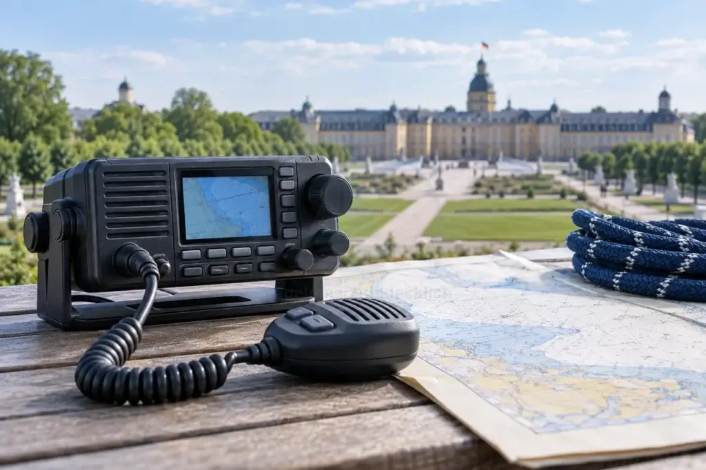 KI-generiertes Fotomotiv: Karlsruher Schloss und ein UKW-Funkgerät auf nautischen Unterlagen