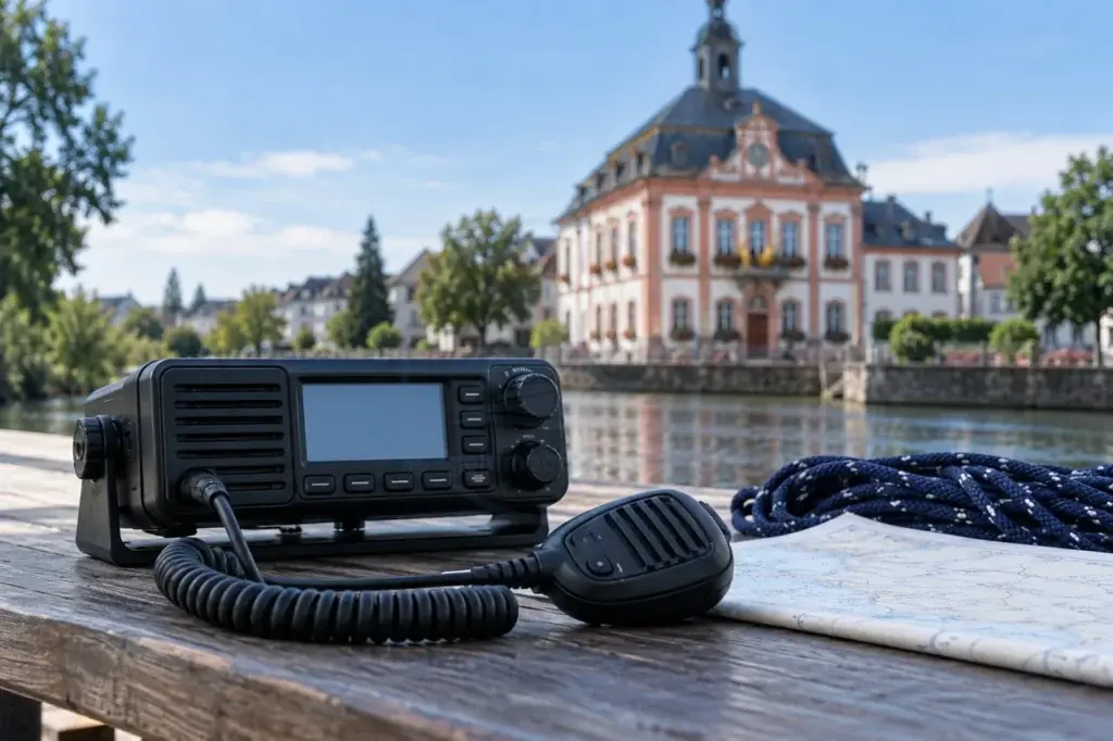 KI-generiertes Fotomotiv: Historisches Rathaus Leimen und ein maritimes Funkgerät mit Handmikrofon