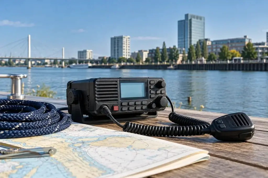 KI-generiertes Fotomotiv: Rheinpromenade Ludwigshafen mit UKW-Funkgerät und kleinem Segelboot