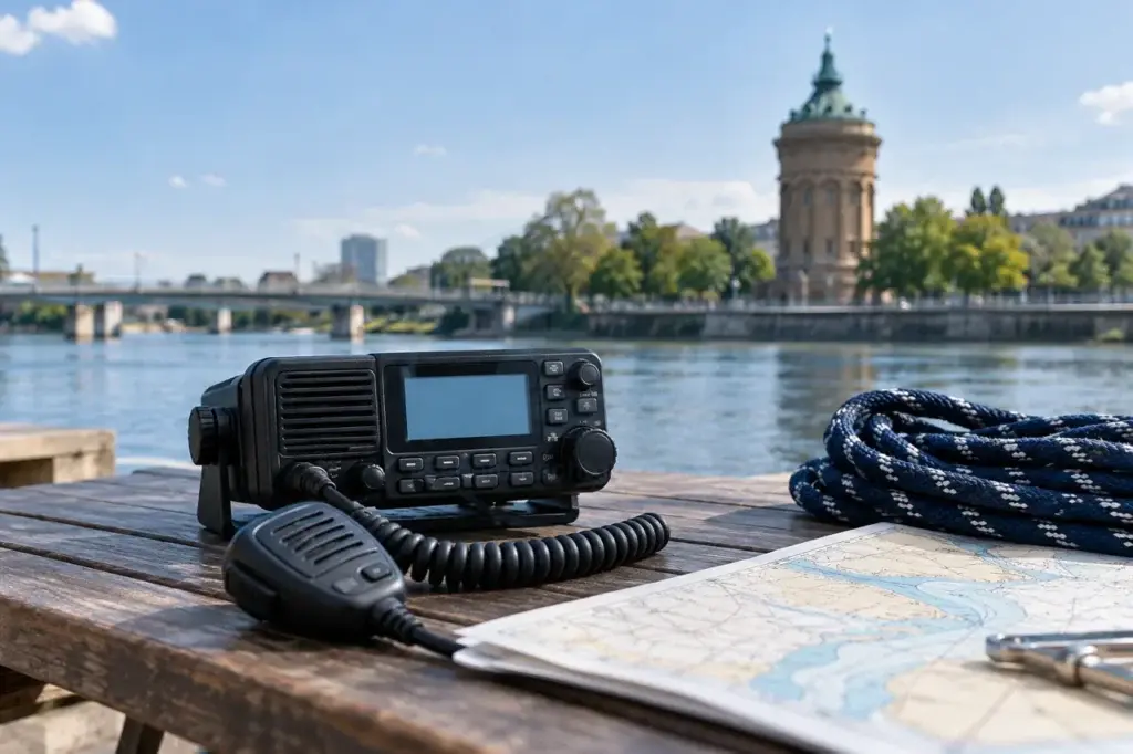 KI-generiertes Fotomotiv: Mannheimer Wasserturm, Flusslandschaft und UKW-Funkgerät