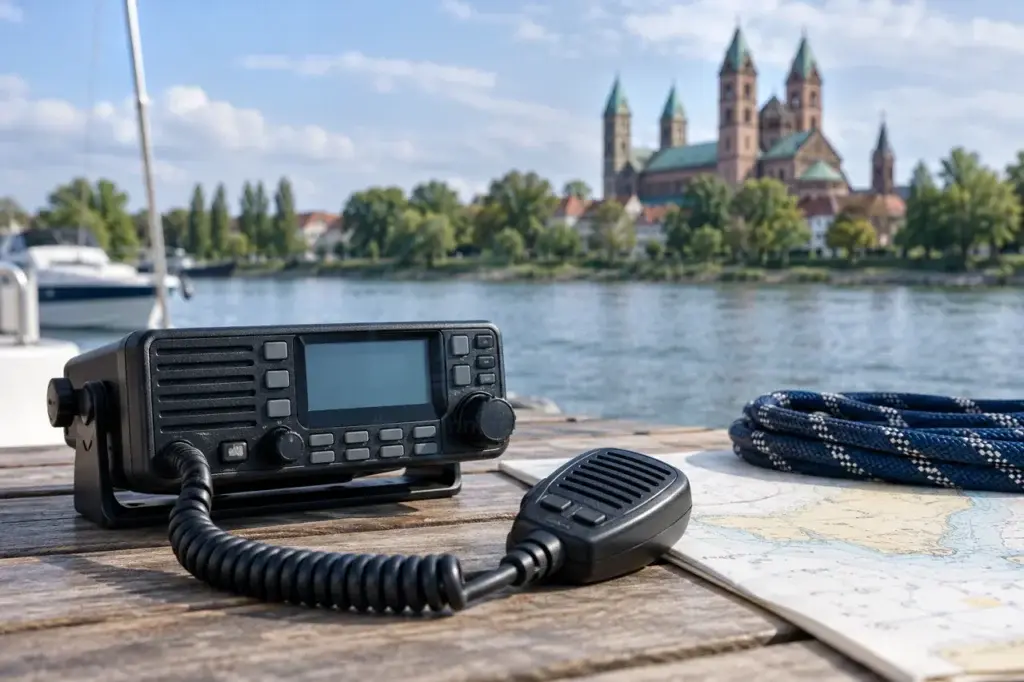 KI-generiertes Fotomotiv: Speyerer Dom und Funkgerät mit Handmikrofon auf einer nautischen Karte