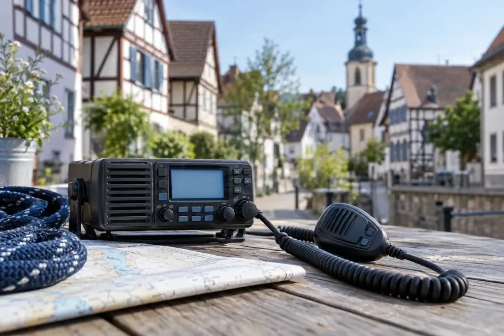 KI-generiertes Fotomotiv: Wieslocher Altstadt mit Fachwerk und UKW-Funkgerät in einer nautischen Lernszene