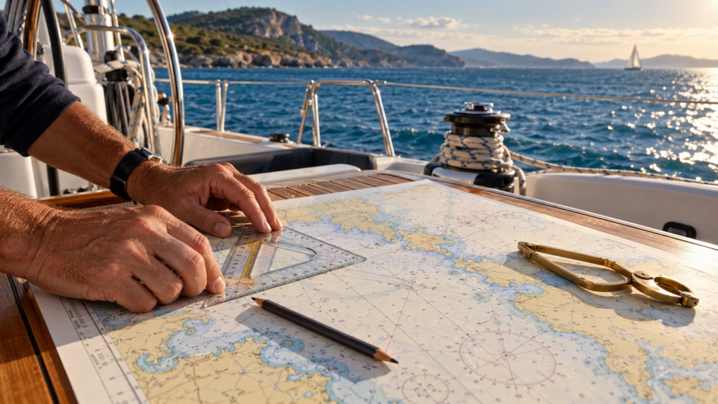 Symbolmotiv: Navigation mit Seekarte und Navigationsbesteck an Bord