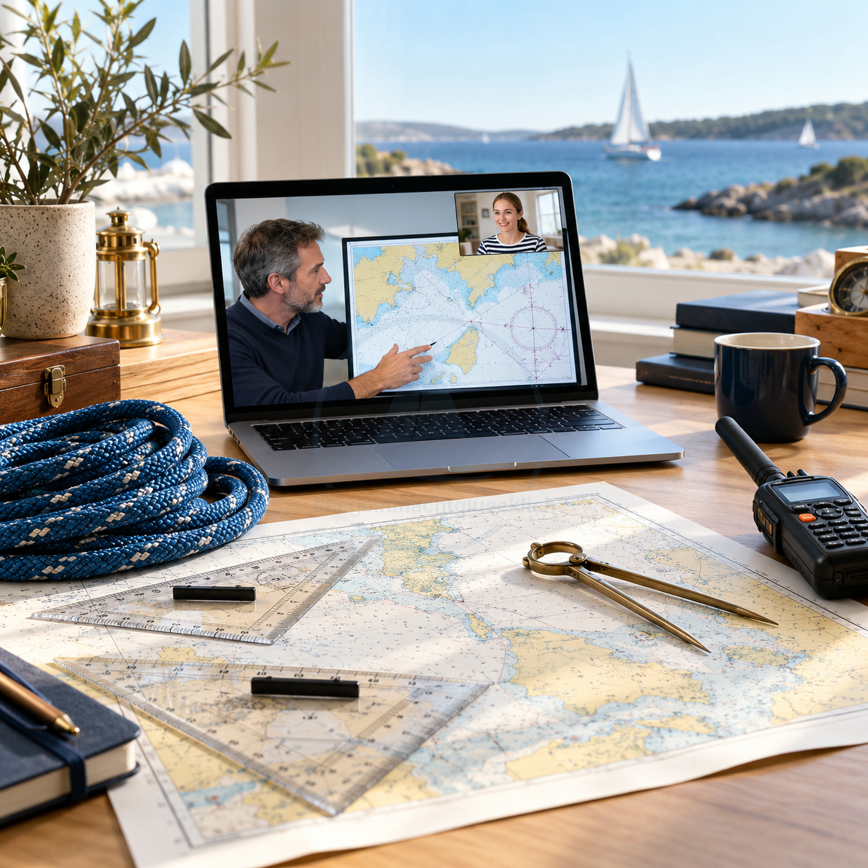 Illustratives Motiv zum nautischen Online-Einzelunterricht mit Seekarte und Laptop