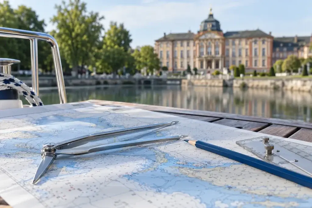 KI-generiertes Fotomotiv: Schloss Bruchsal und strukturierte maritime Lernplanung