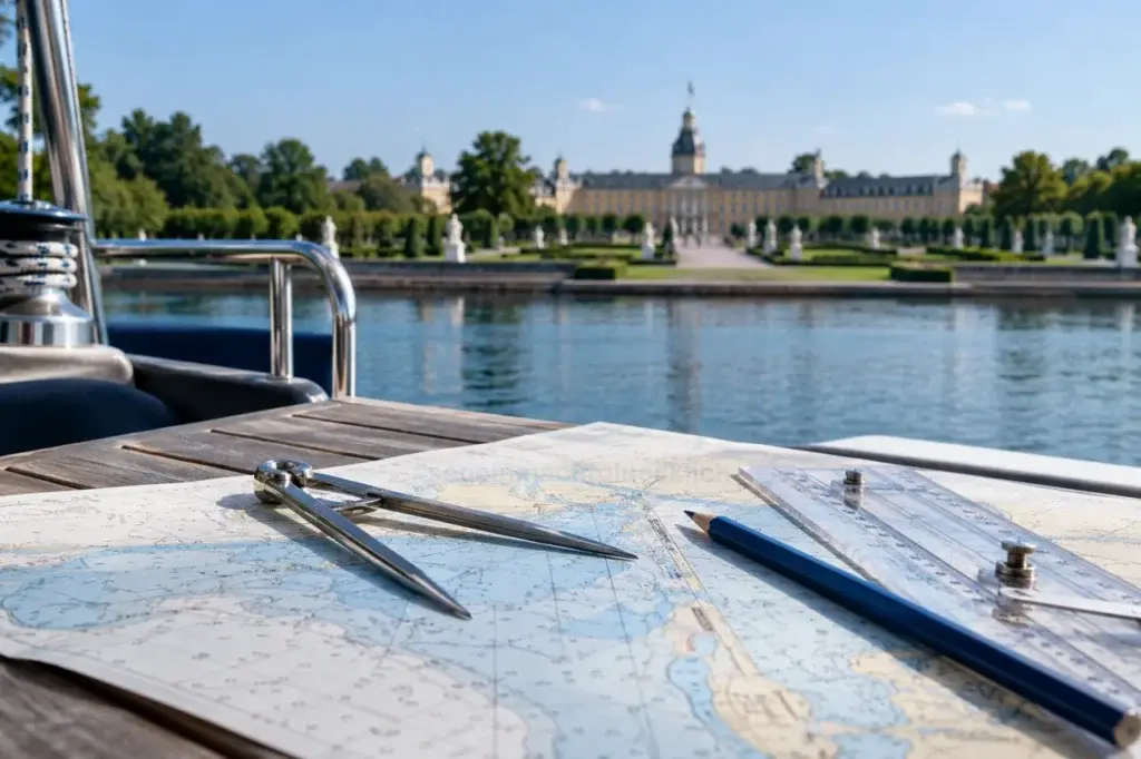 KI-generiertes Fotomotiv: Karlsruher Schloss, Fächergeometrie und nautische Peilungen