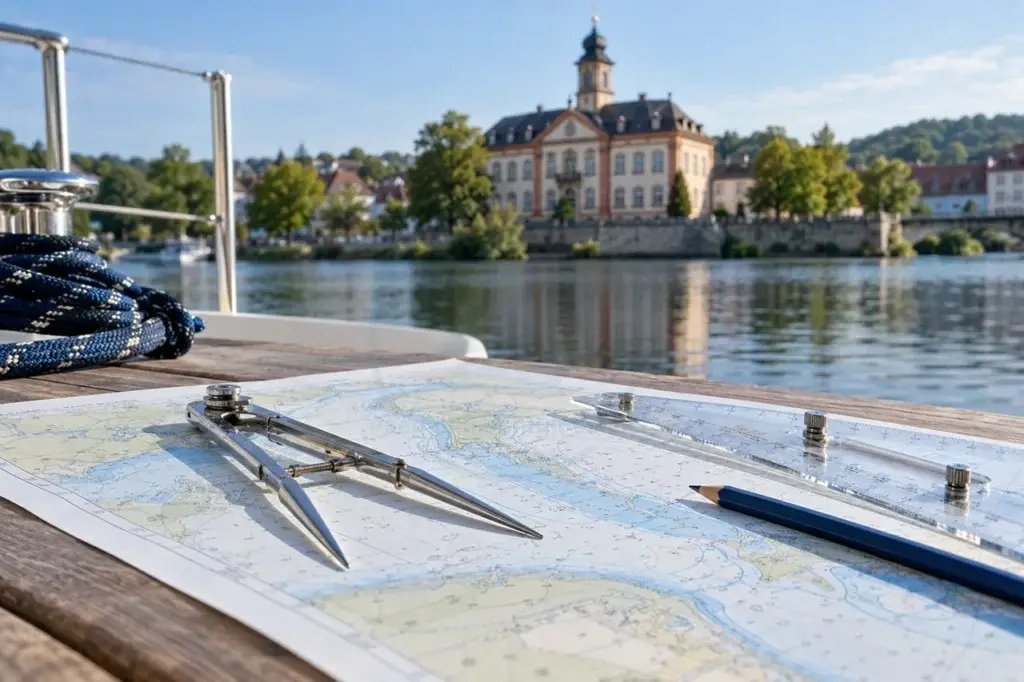 KI-generiertes Fotomotiv: Historisches Leimener Rathaus und ein Navigationstagebuch