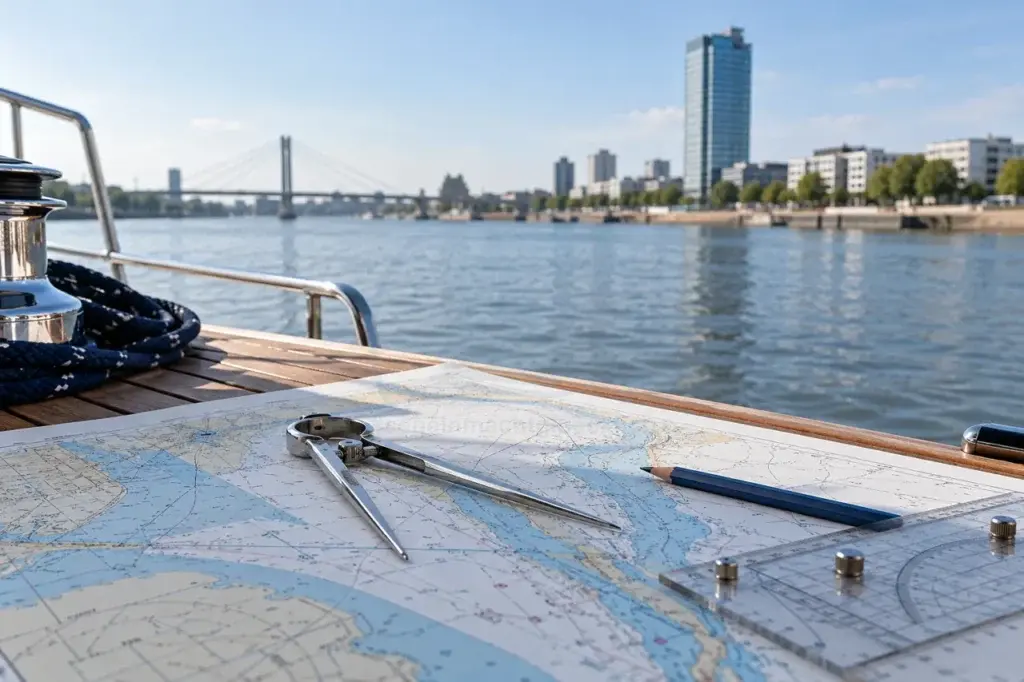 KI-generiertes Fotomotiv: Rheinpromenade Ludwigshafen und nautische Törnplanung