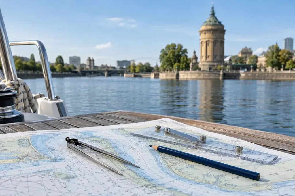 KI-generiertes Fotomotiv: Mannheimer Wasserturm und nautische Kartenarbeit