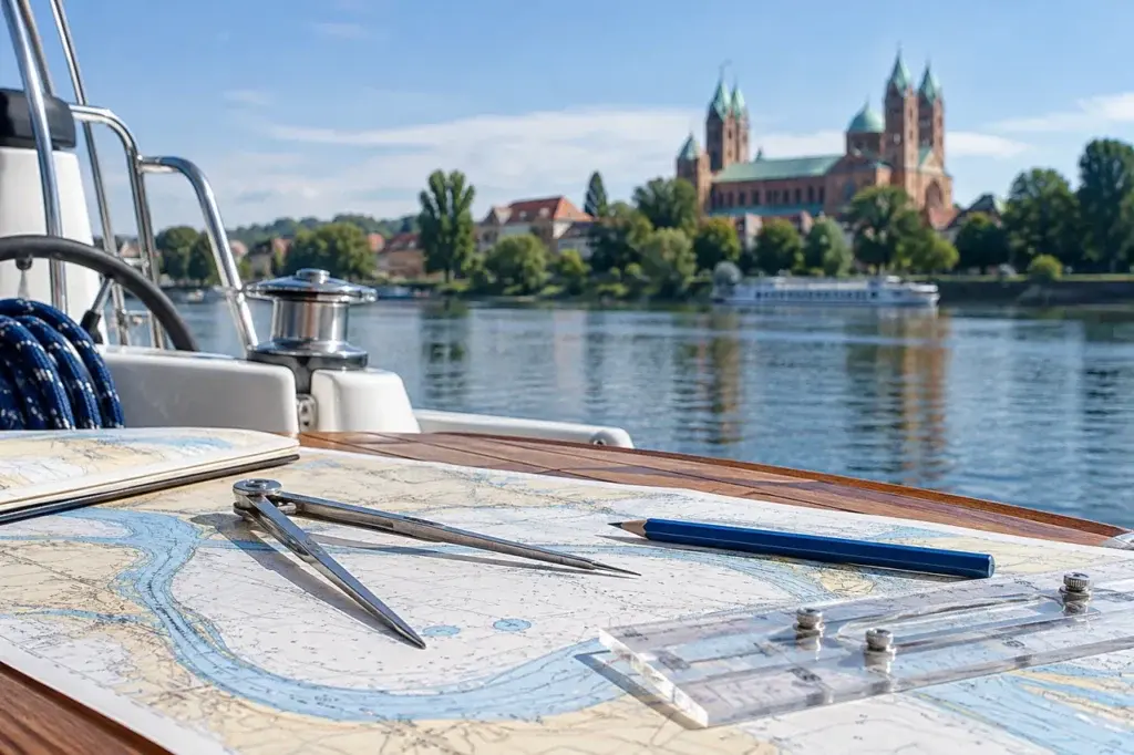 KI-generiertes Fotomotiv: Speyerer Dom, Logbuch und maritime Kartenarbeit