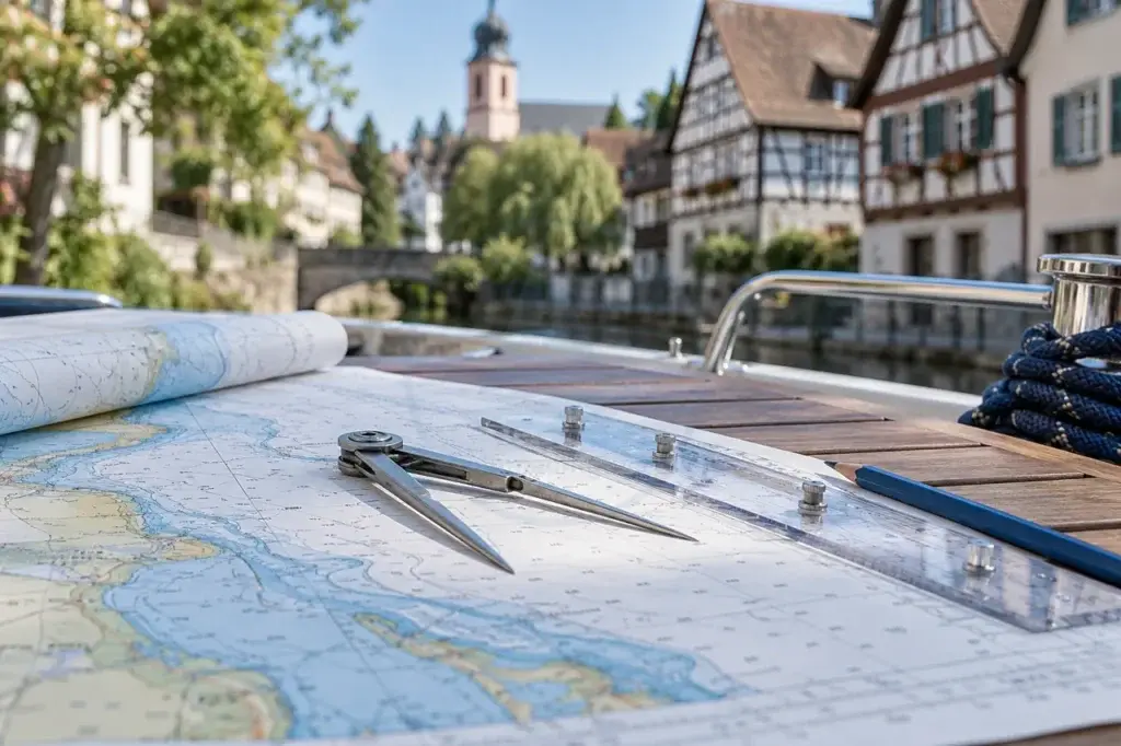 KI-generiertes Fotomotiv: Wieslocher Altstadt und gemeinsame Planung auf einer Seekarte
