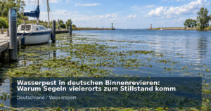 Segelboot am Steg neben dicht bewachsener Wasserfläche eines Binnengewässers