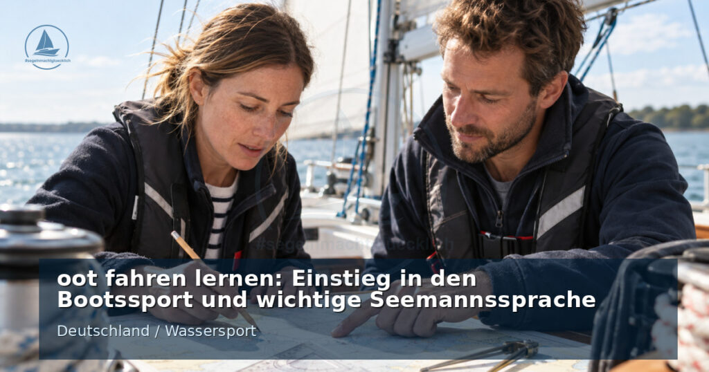 Zwei Personen betrachten an Bord einer Segelyacht gemeinsam eine Seekarte