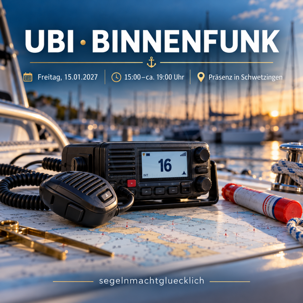 UKW-Funkgerät für den UBI-Binnenfunk liegt auf einer Seekarte im Hafen